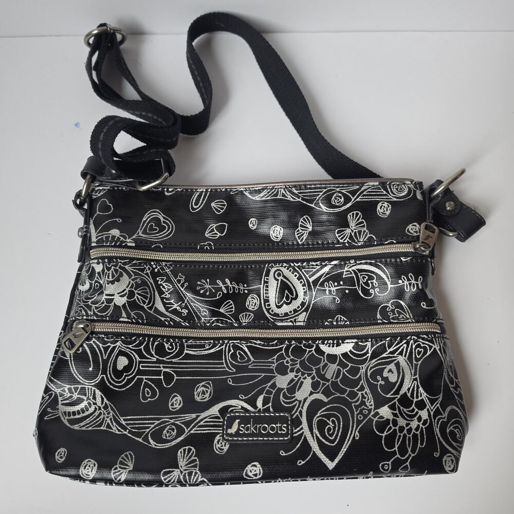 Sakroots Crossbody Purse Artist Circle Black Silver Metallic Adjustable PVC